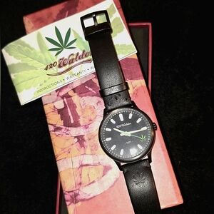 420 Waldos Watch: Black Leather with Leaf Design at 4:20 + Authenticated Booklet